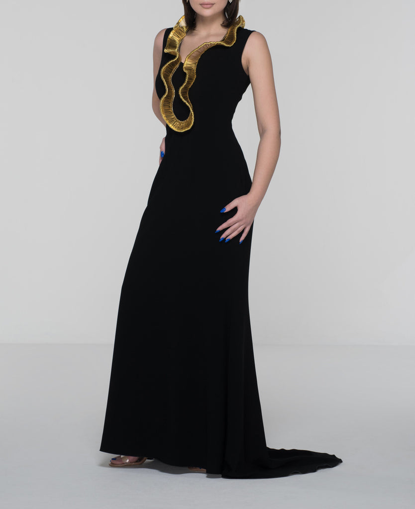 Black Gown With Sculptural Safety Pin