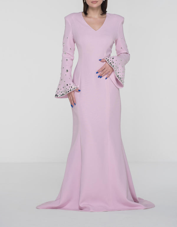 Pastel Pink Crepe With Bell Embroidered Sleeves