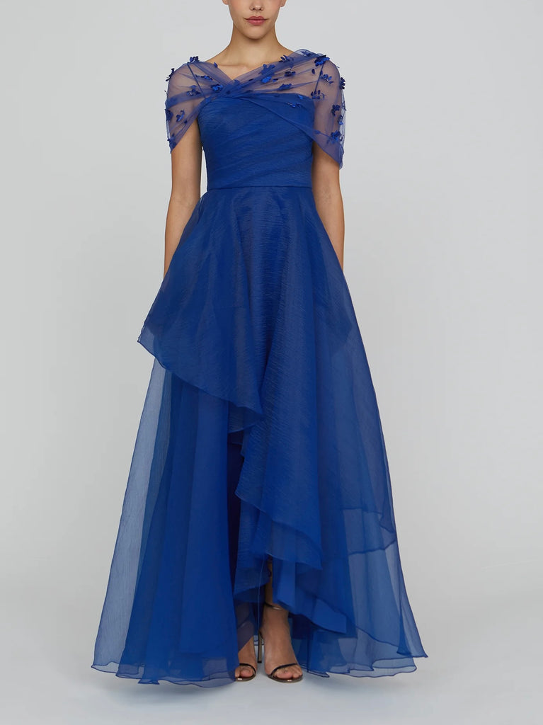 Asymmetrical Organza Gown with High-Low Skirt and Petal-Embellished Shawl