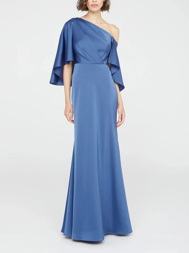 Asymmetric Satin Fit-and-Flare Gown with Draped Cape Sleeve