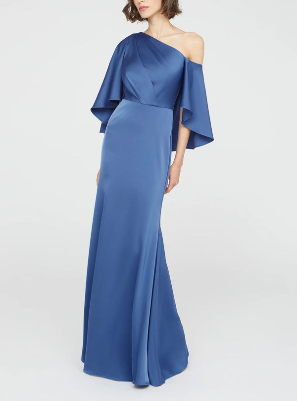 Asymmetric Satin Fit-and-Flare Gown with Draped Cape Sleeve