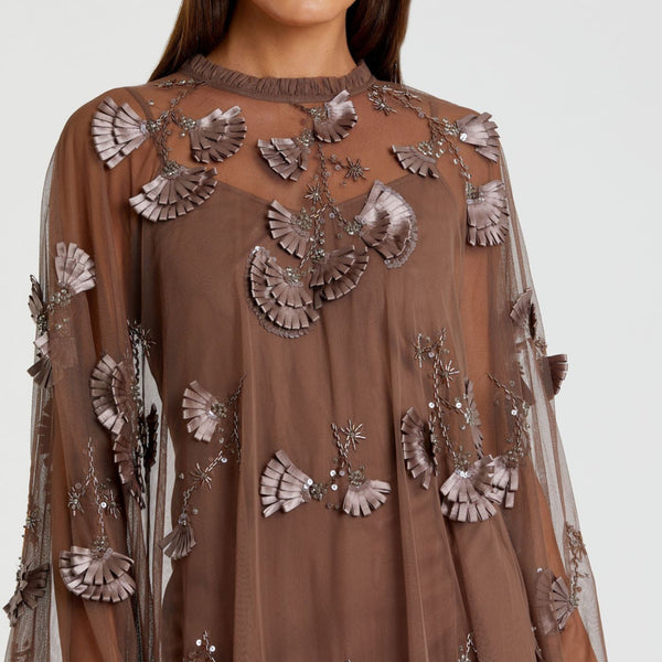 Embellished Long Flare Sleeve Mesh A-Line Dress