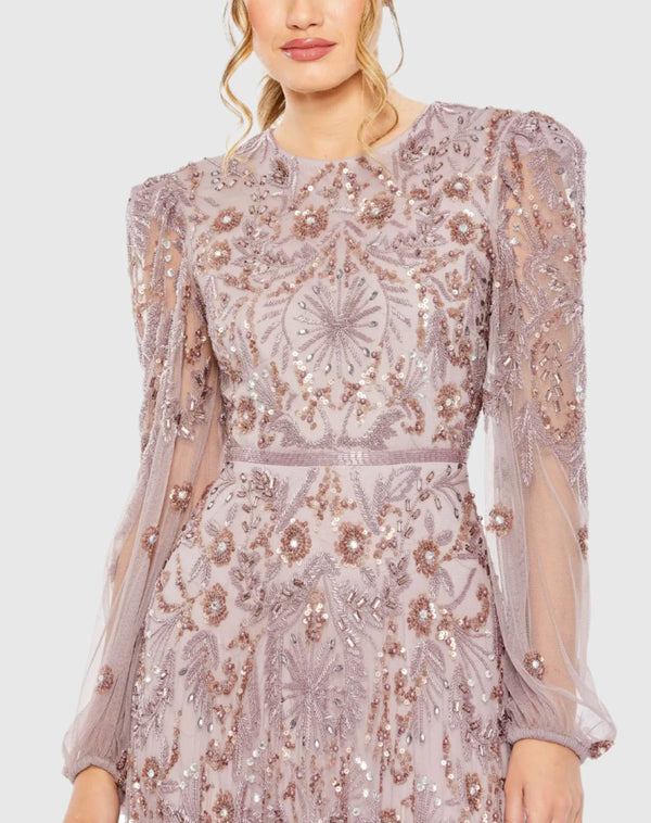 Puff Sleeve Embellished A Line Gown