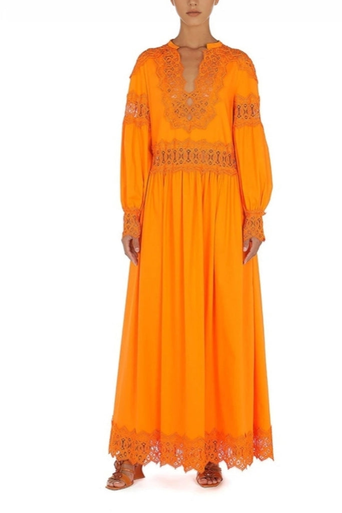 Orange Stretch Popeline Long Dress