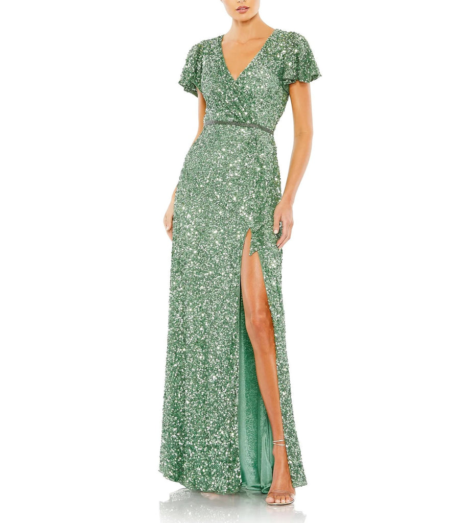 Sequined Wrap Over Butterfly Sleeve Draped Gown