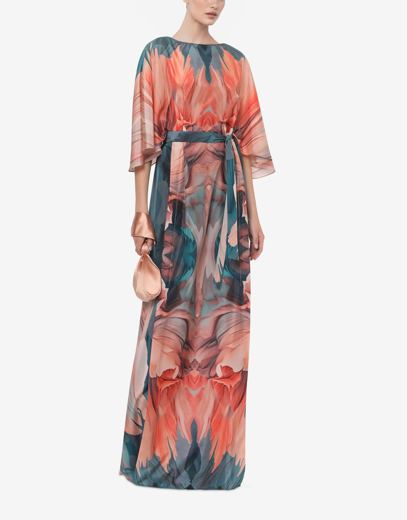 Floral Petals Printed Habotai Dress with Removable Belt