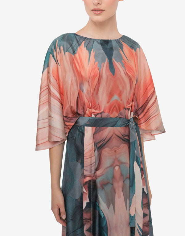 Floral Petals Printed Habotai Dress with Removable Belt