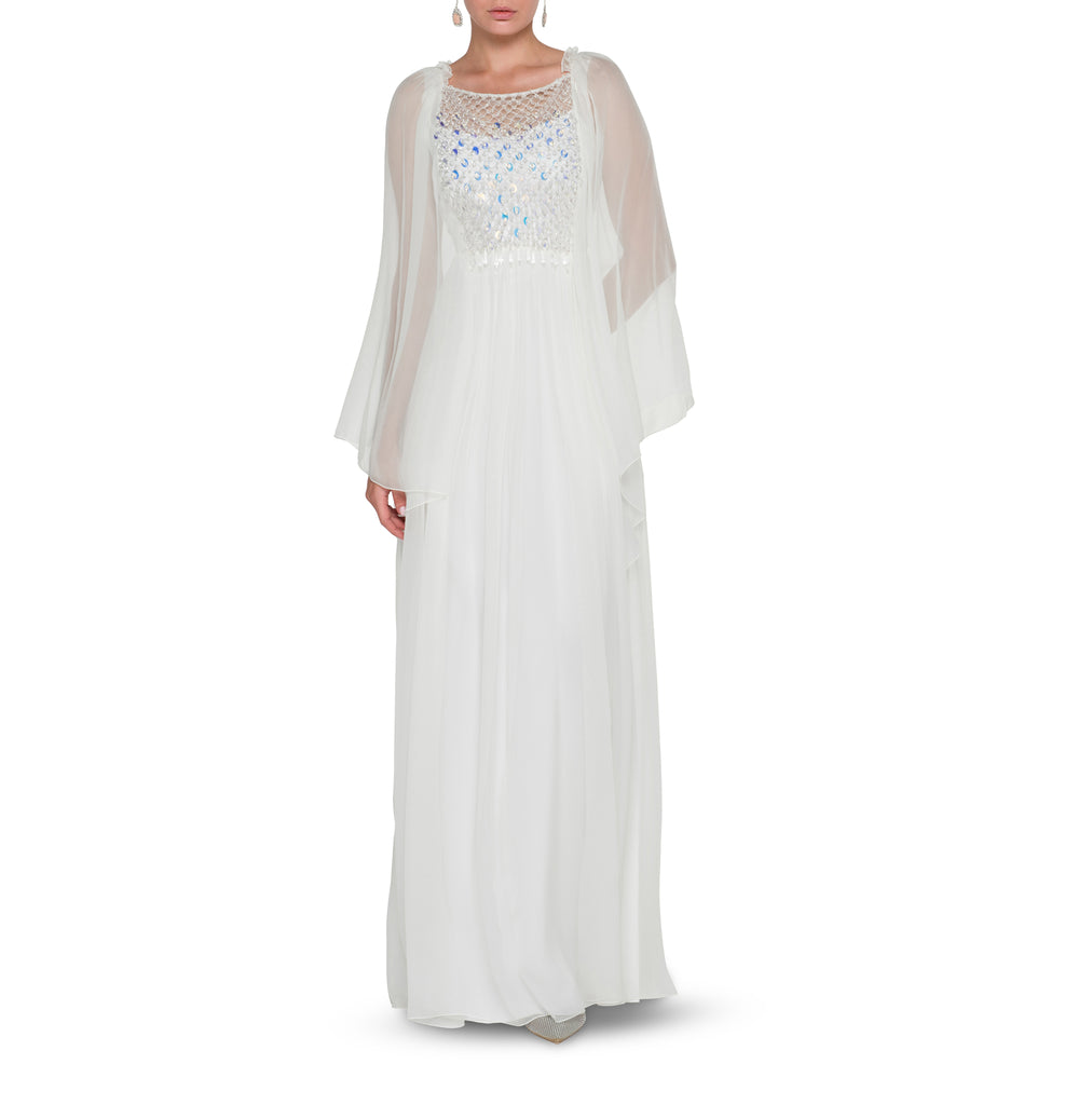 White Dress in Organic Chiffon with Embroidery