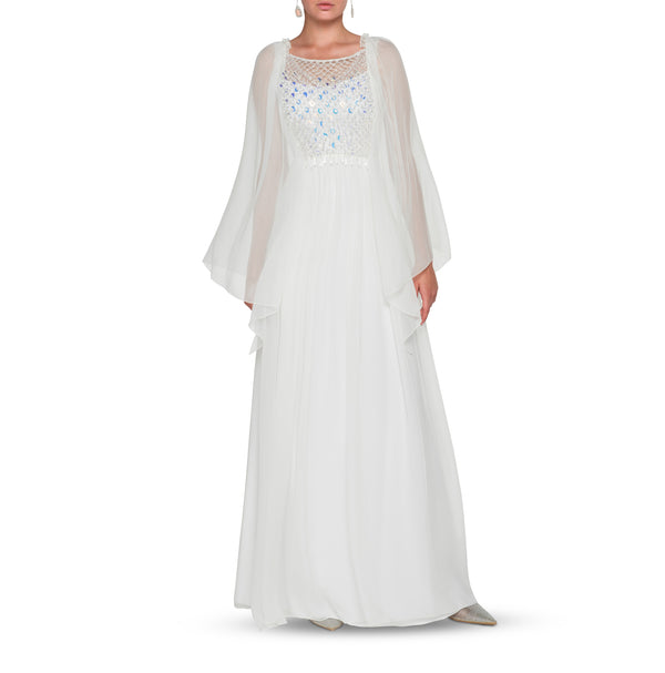 White Dress in Organic Chiffon with Embroidery