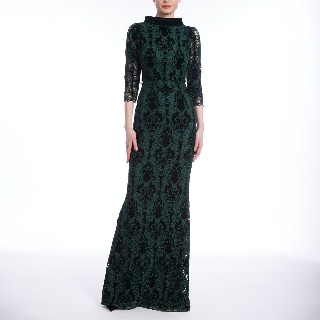 Mixed Media Mock Neck Column Gown