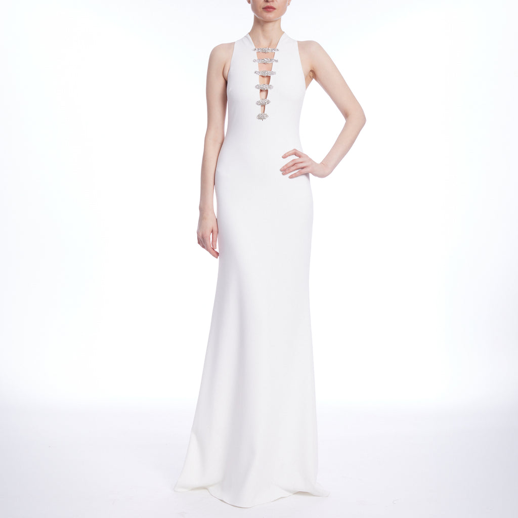 Sleeveless Crepe Gown with Deep V-Neck