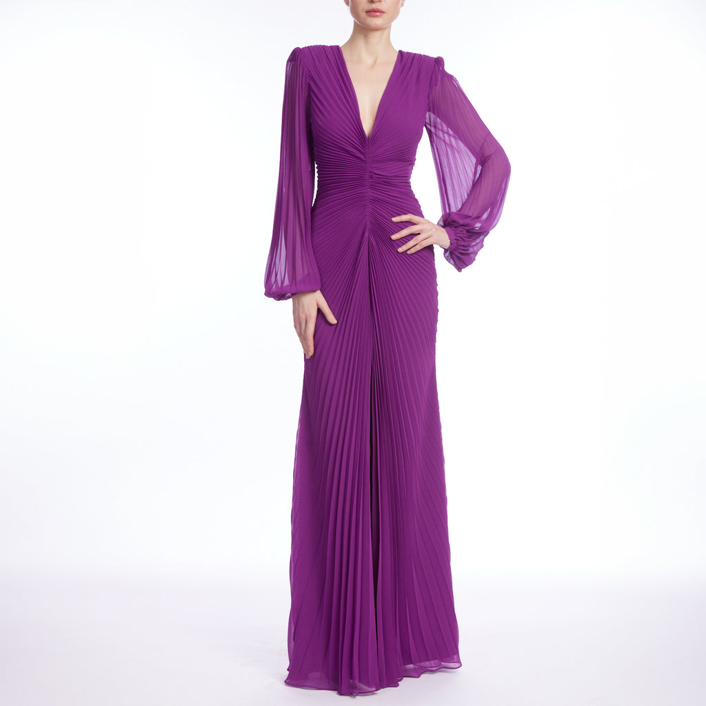 Long Sleeve V-Neck Pleated Gown