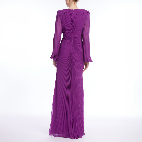 Long Sleeve V-Neck Pleated Gown