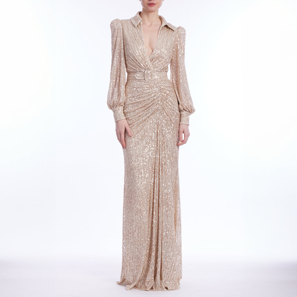 Sequin Long Sleeve V-Neck Shirt Gown