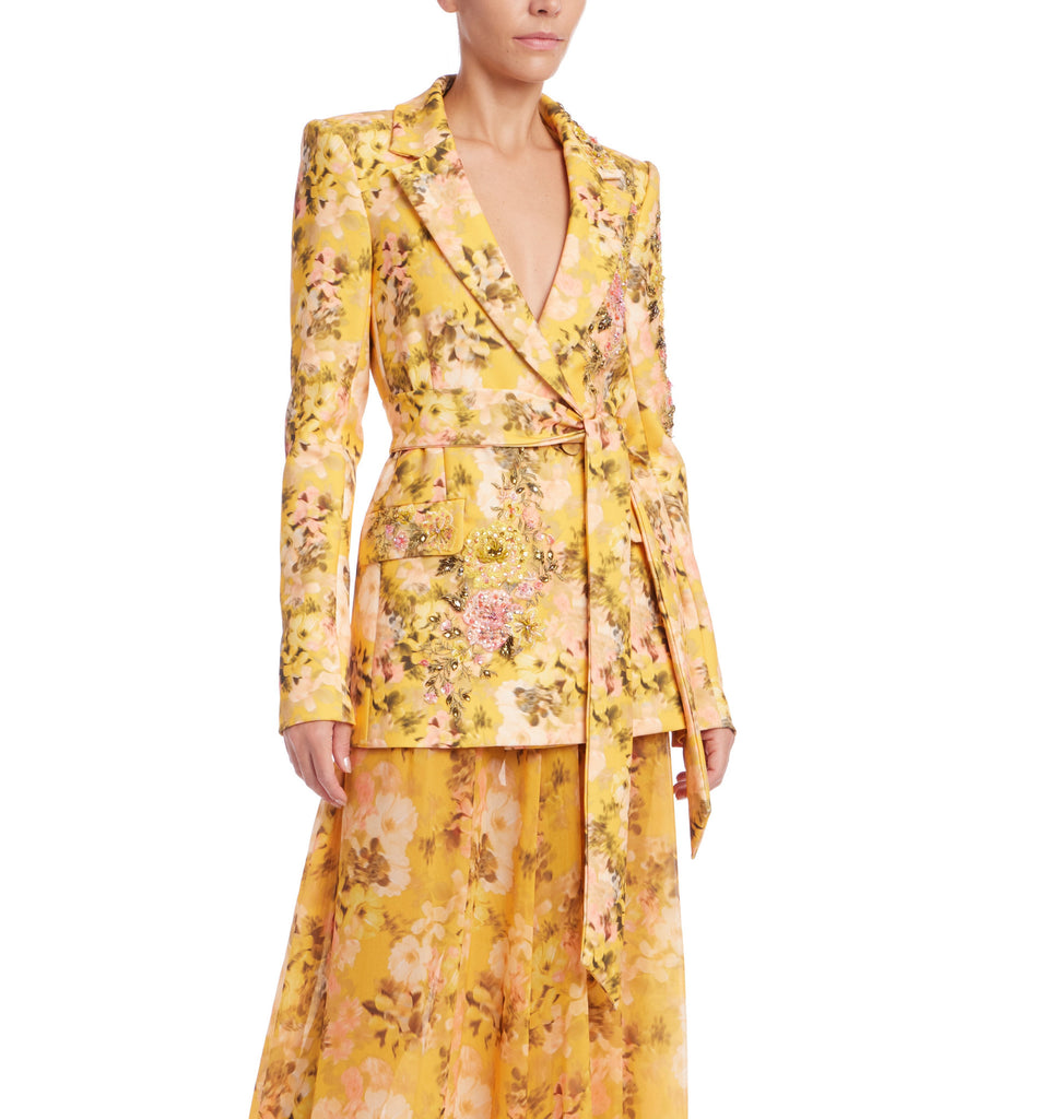 Floral Printed Tie-Waist Blazer with Beaded Appliqués