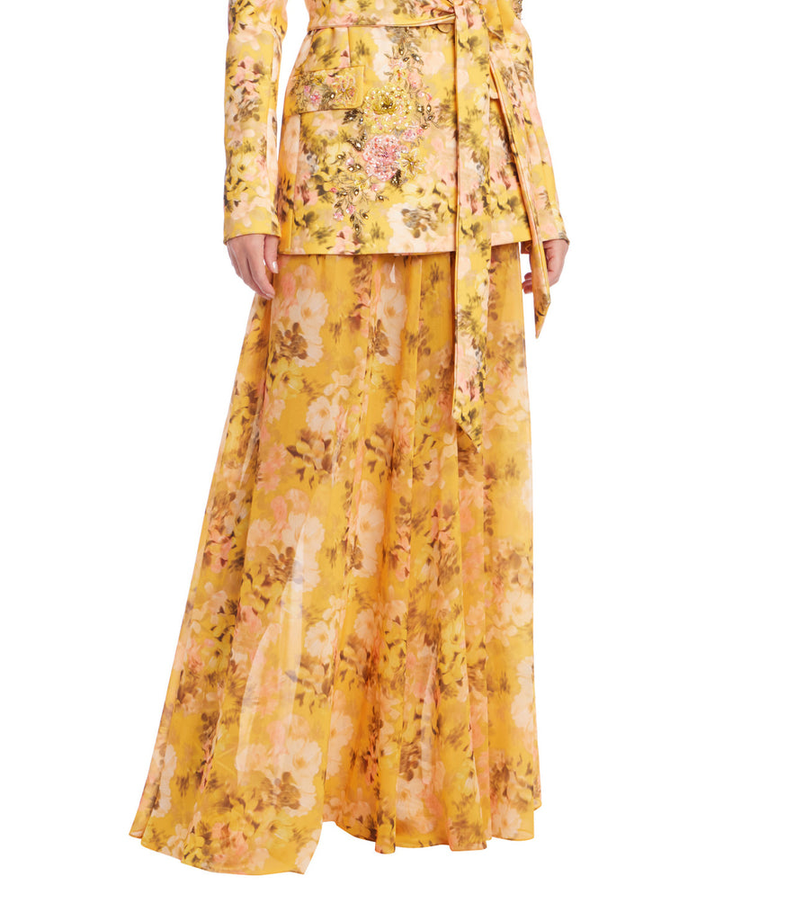 Floral Georgette Wide-Leg Pants with Painterly Florals