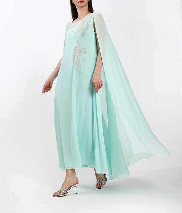 Light Chiffon Dress With Continuous Hand Cape And Handmade Embellishments