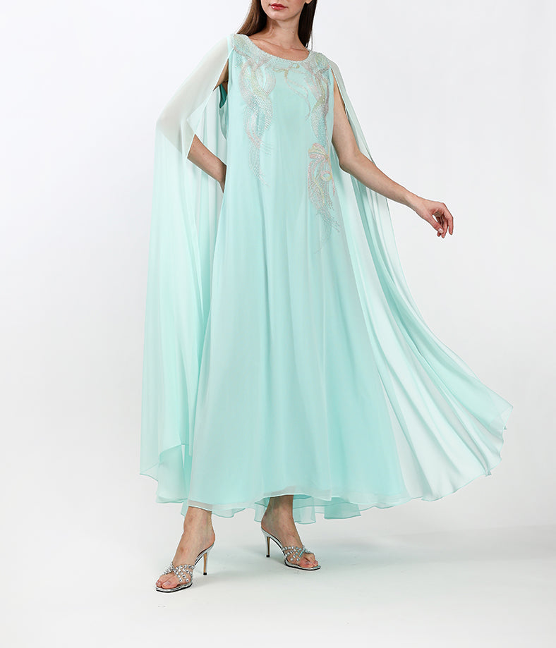 Light Chiffon Dress With Continuous Hand Cape And Handmade Embellishments