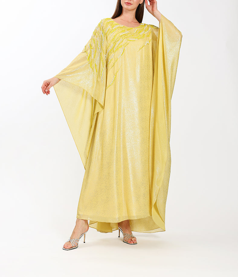 Elegant Yellow Embellished Chiffon Kaftan