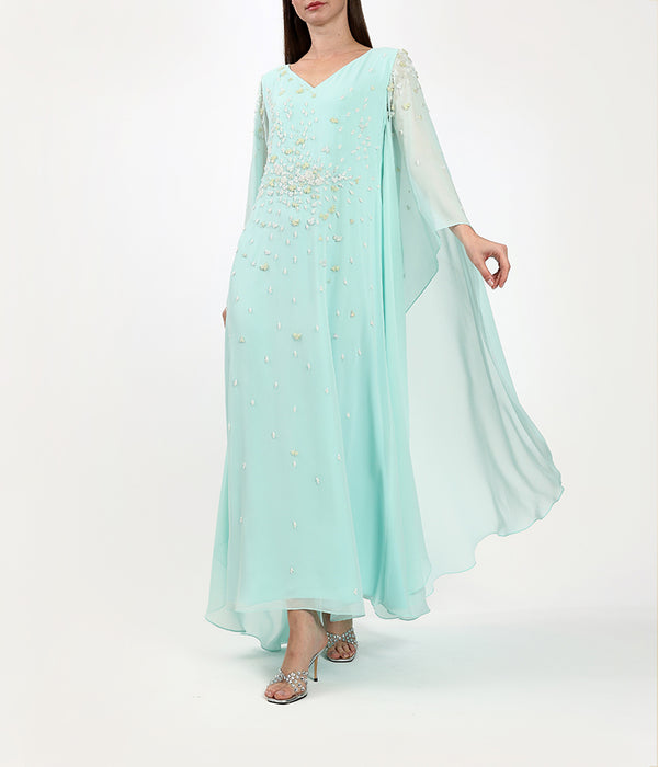 Flower Rush Turquoise Farasha Cut Dress With Handmade Embellishments