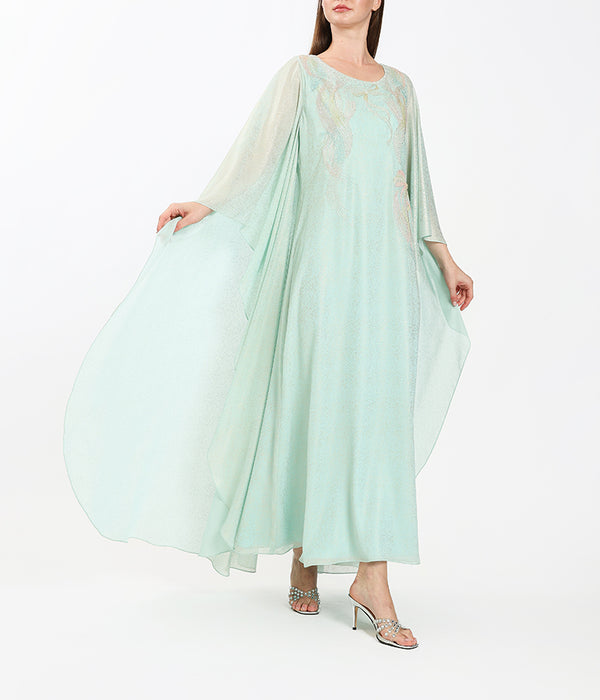 Tiffany Metallic Dress With Handcrafted Cape Drapes