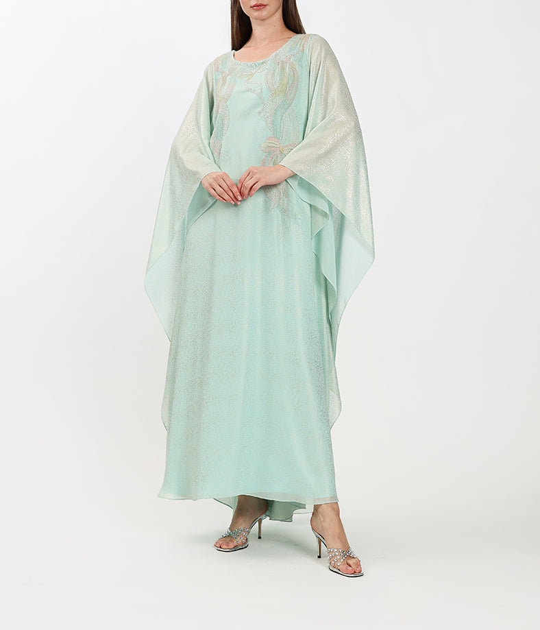 Tiffany Metallic Dress With Handcrafted Cape Drapes