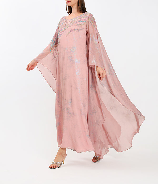 Elegant Pastel Pink Embellished Chiffon Kaftan