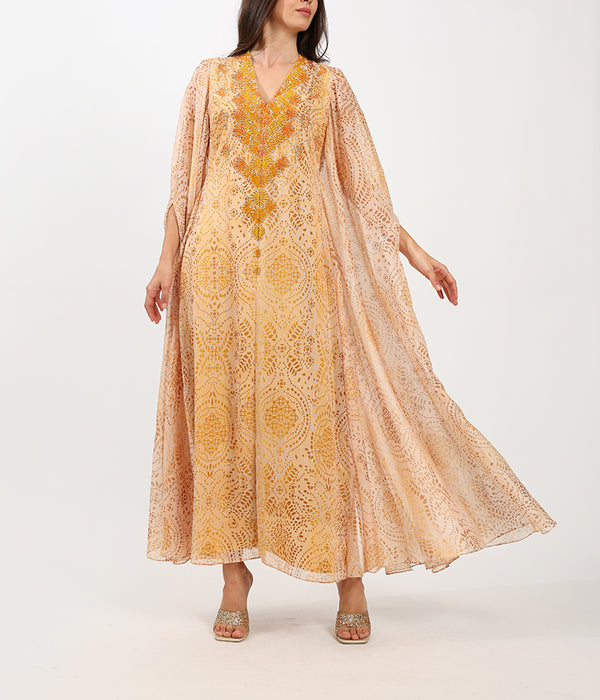 Custom Print Linen Kaftan With Handmade Embellishments