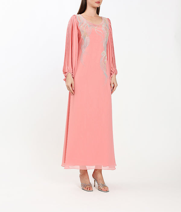 Light Chiffon Kaftan With Handmade Embellishments And Pleated Sleeves