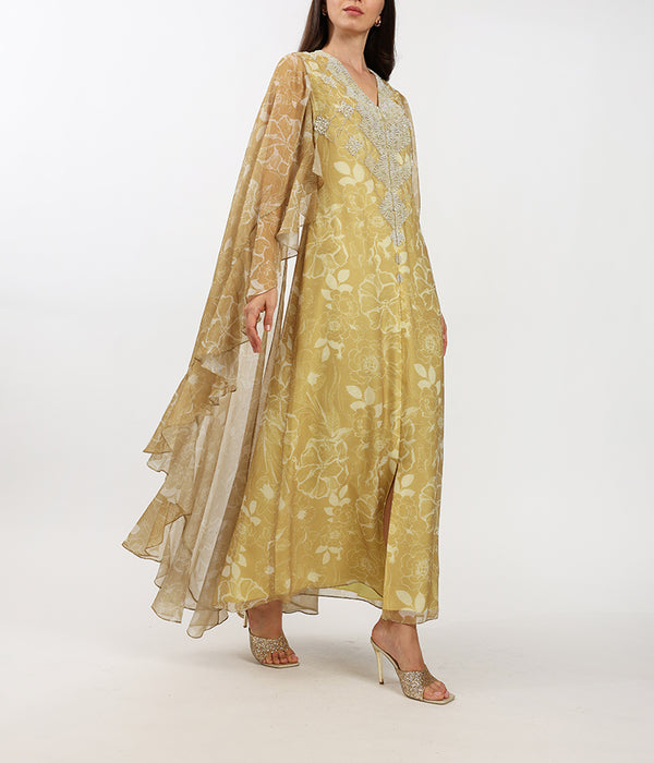 Custom Floral Linen Cape Dress With Handmade Embellishments