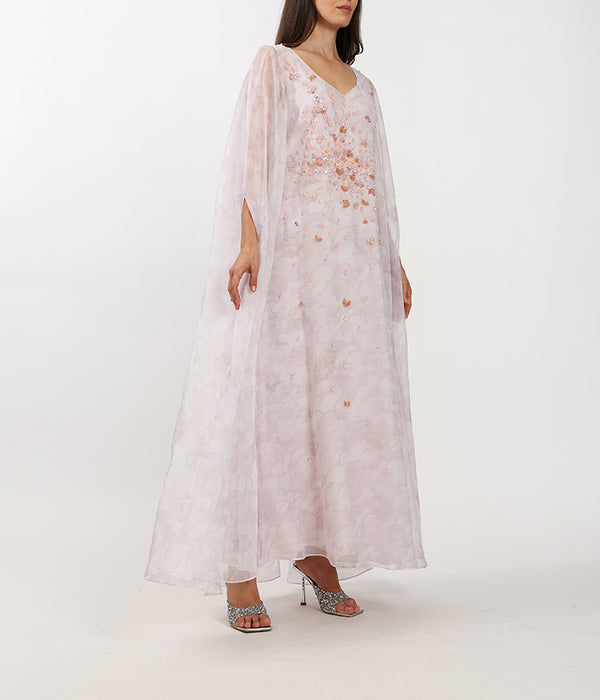 Champagne Cape Dress With Handcrafted Embellishments