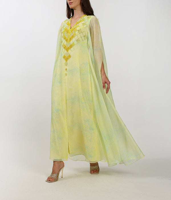 Custom Printed Yellow Cape Dress With Handcrafted Embellishments