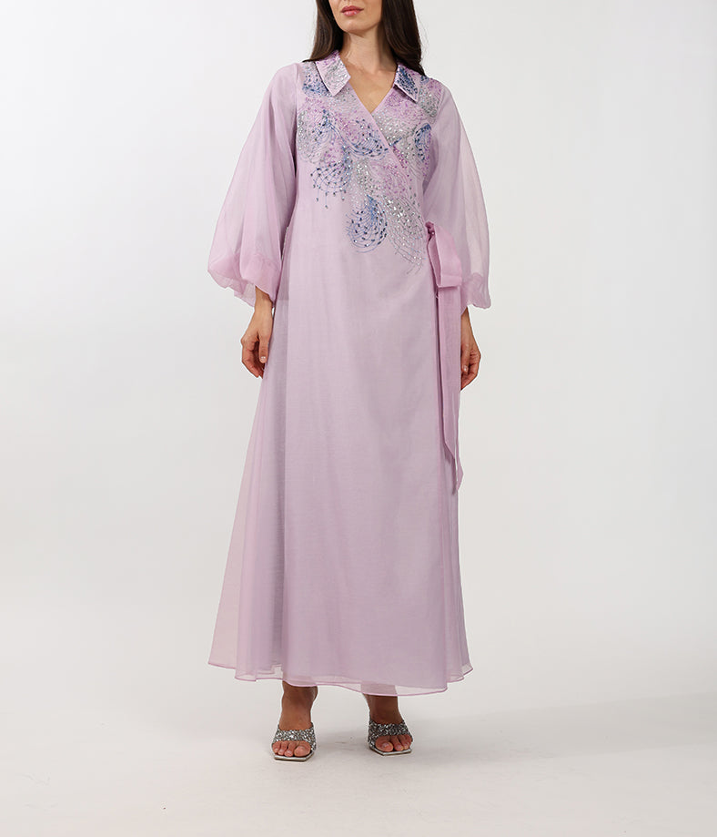 Lilac Organza Wrapped Collar Dress With Handcrafted Embellishments