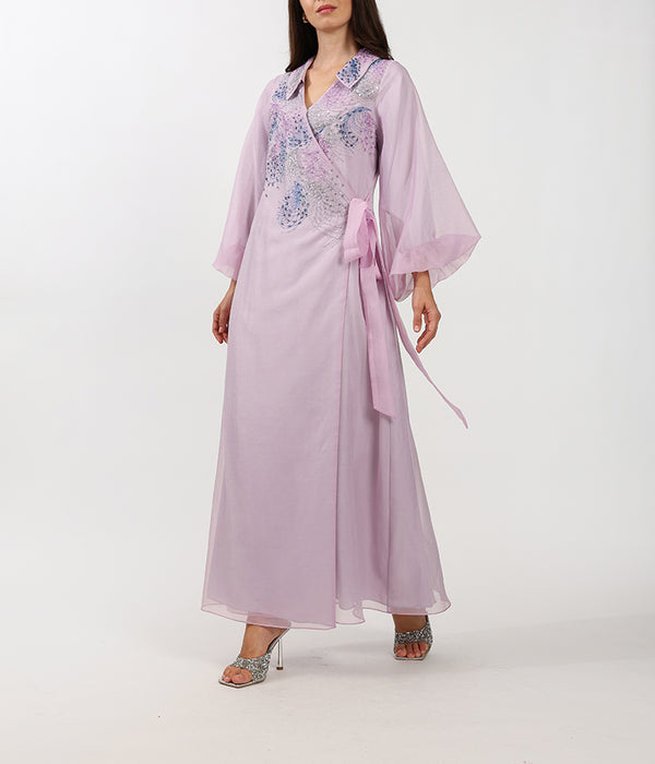 Lilac Organza Wrapped Collar Dress With Handcrafted Embellishments