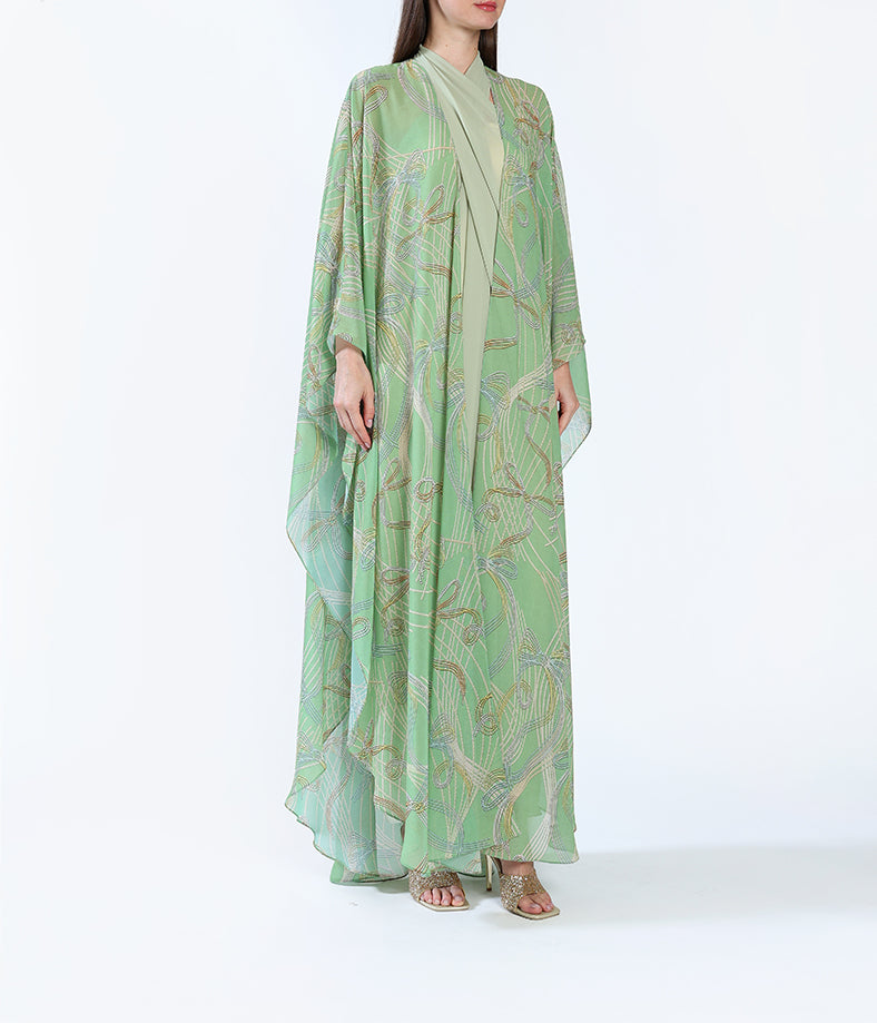 Custom-Printed Light Chiffon Bisht with Flowing Ribbons