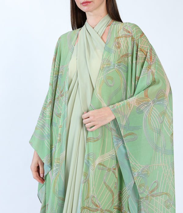 Custom-Printed Light Chiffon Bisht with Flowing Ribbons