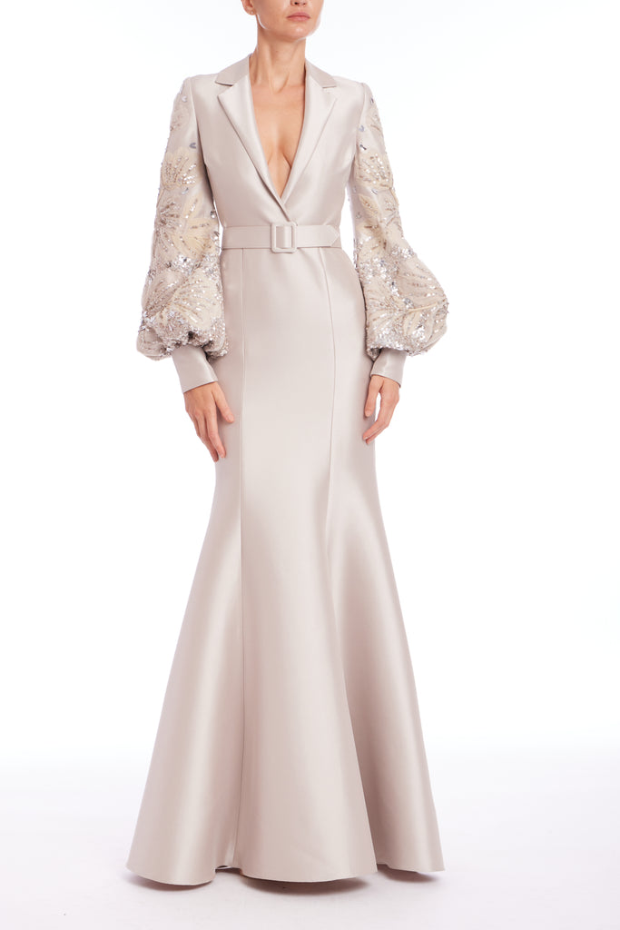 Champagne V-Neck Dress with Embroidered Sleeves