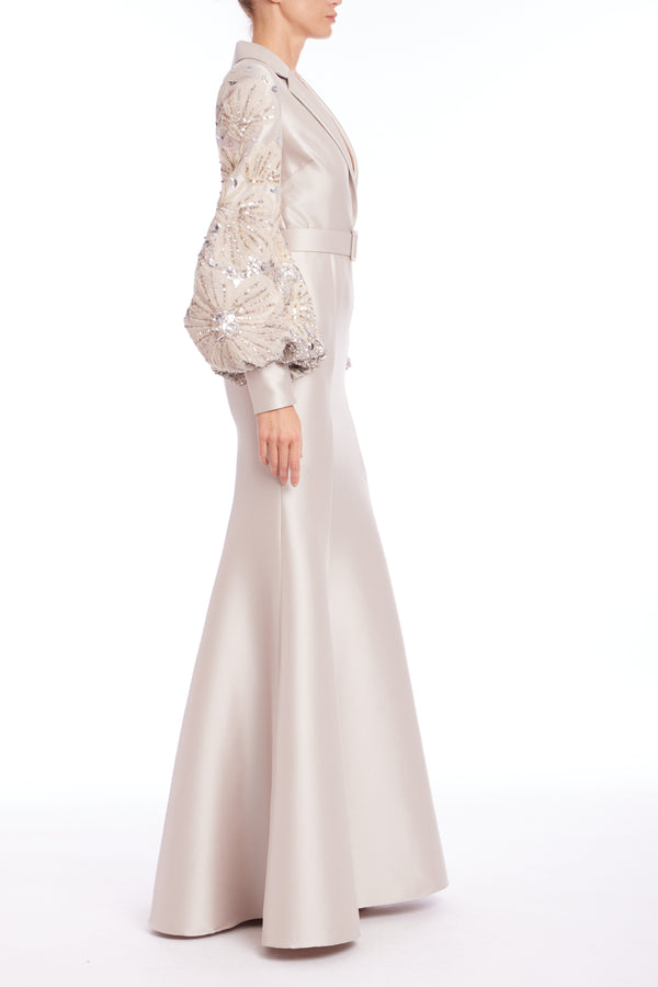 Champagne V-Neck Dress with Embroidered Sleeves