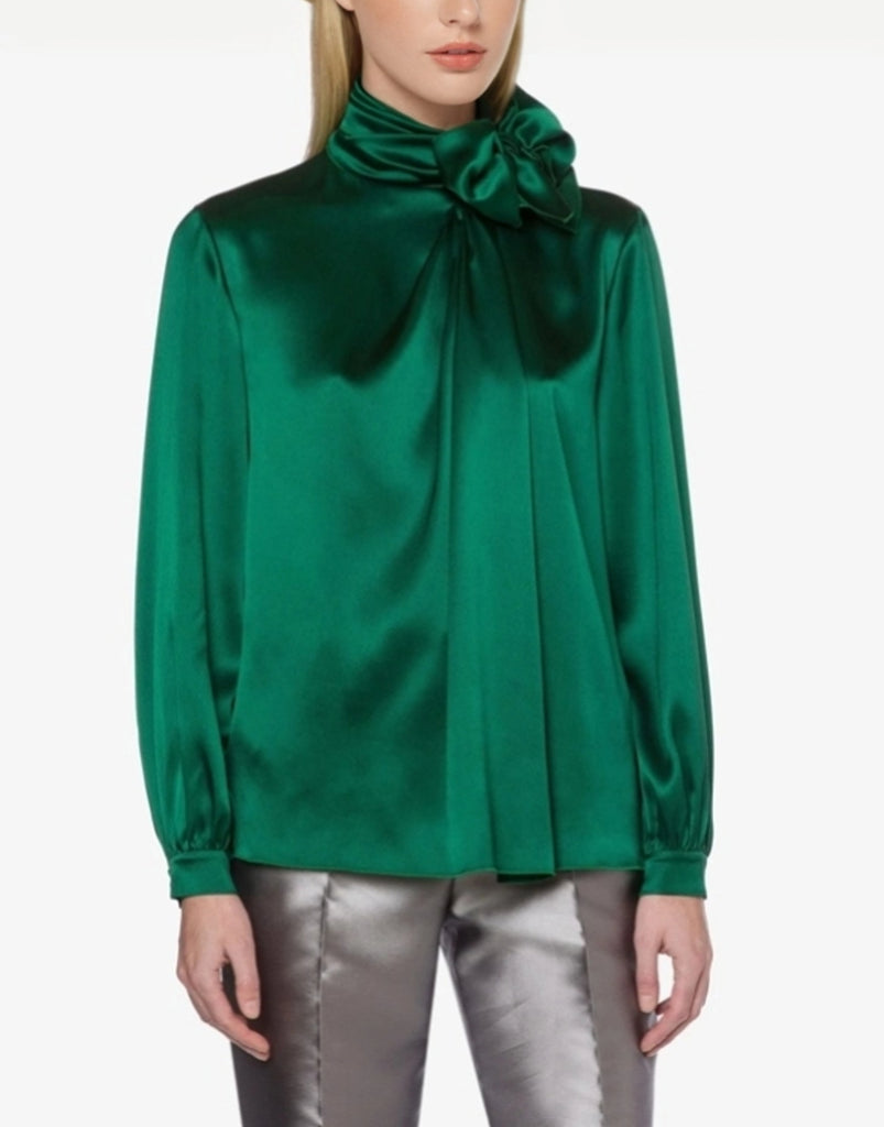 Satin Green Polo Shirt With Lavalliere Collar