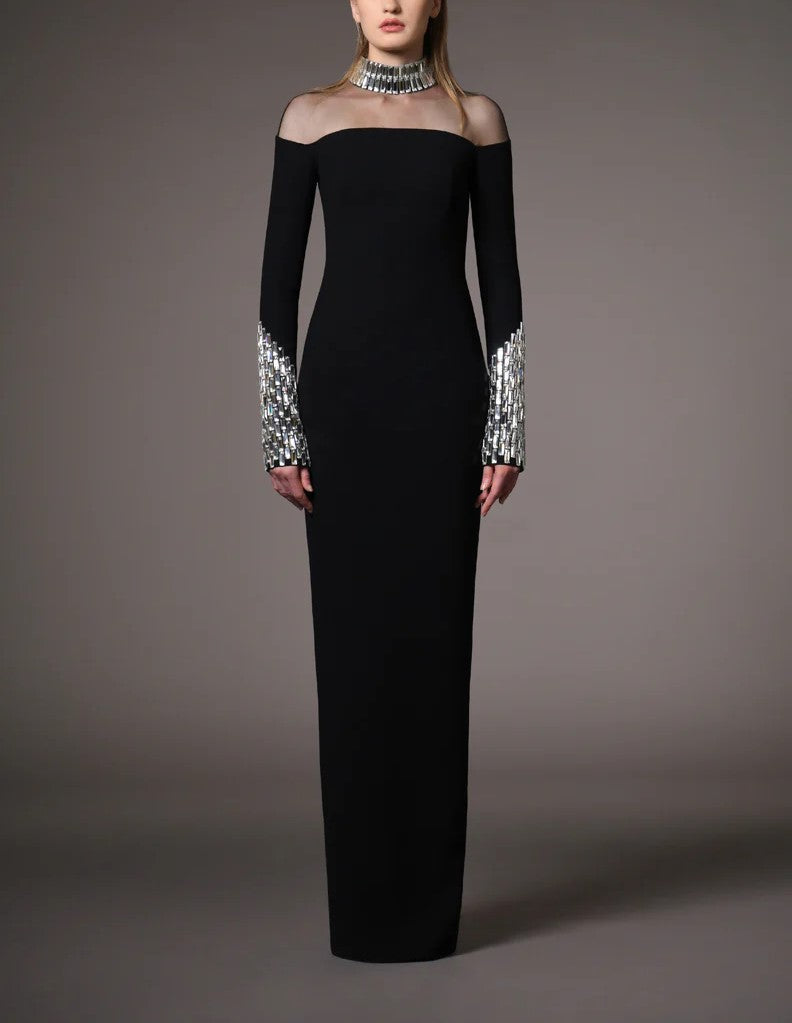 Black Crepe Dress Featuring Exquisite Crystal Embellishments