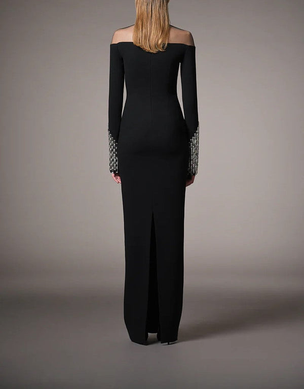 Black Crepe Dress Featuring Exquisite Crystal Embellishments