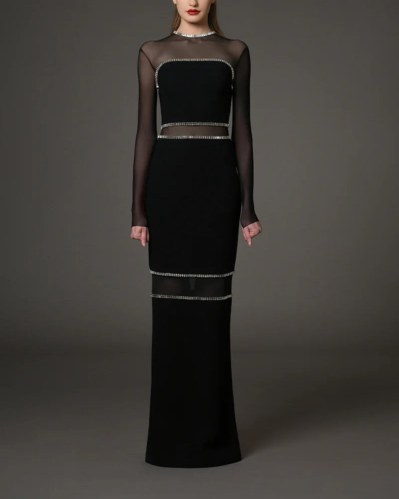 Black Crepe Dress With Baguette Embroidery