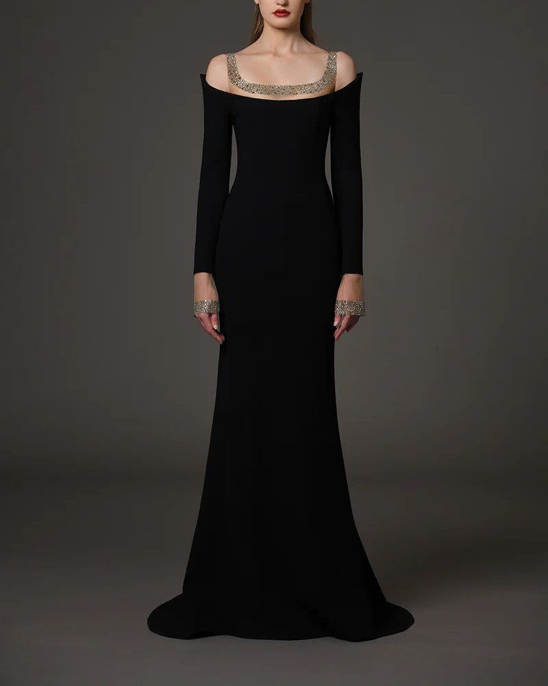 Black Embroidered Crepe Dress With Details On Sleeves