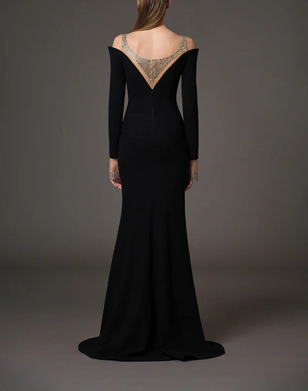 Black Embroidered Crepe Dress With Details On Sleeves