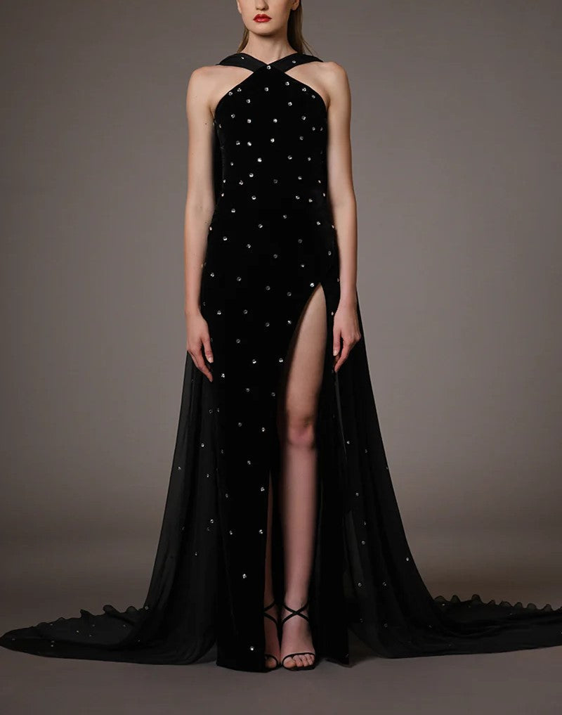 Black Embroidered Velvet Dress With Chiffon Train.