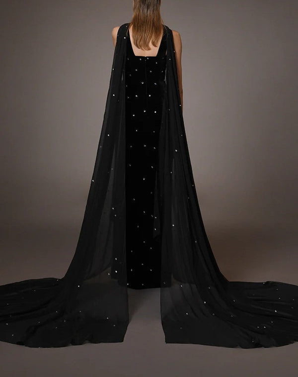 Black Embroidered Velvet Dress With Chiffon Train.