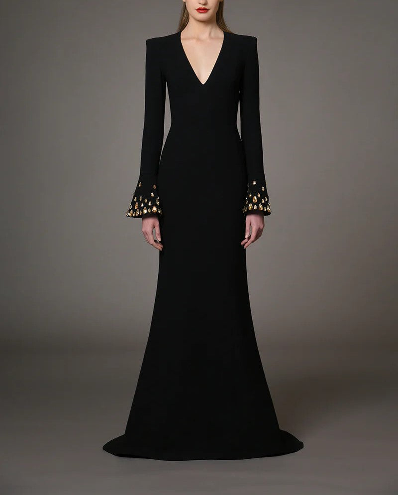 Black Crepe Dress With Bell Embroidered Sleeves