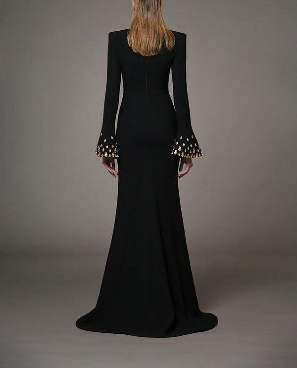 Black Crepe Dress With Bell Embroidered Sleeves