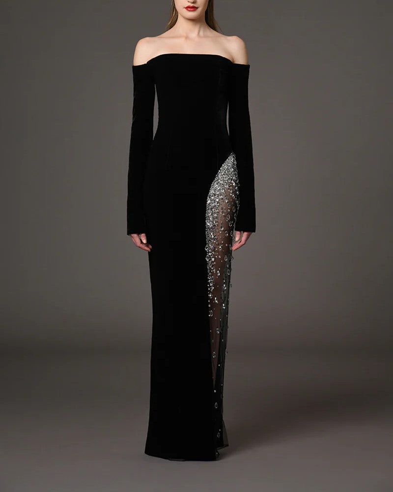 Black Velvet Dress With Embroidery On Slit