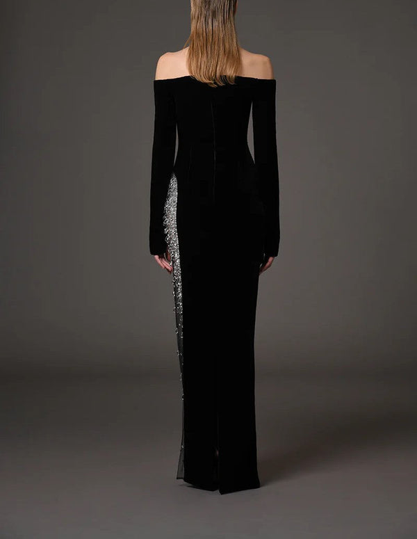 Black Velvet Dress With Embroidery On Slit